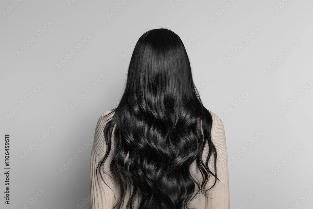 woman with long, flowing black hair stands against neutral background, showcasing her beautiful locks. soft waves create stunning visual effect woman with long, flowing black hair stands against neutral background, showcasing her beautiful locks. soft waves create stunning visual effect