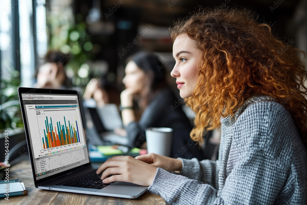 woman with curly hair analyzes data on laptop in modern workspace. environment is collaborative, with colleagues engaged in discussions woman with curly hair analyzes data on laptop in modern workspace. environment is collaborative, with colleagues engaged in discussions