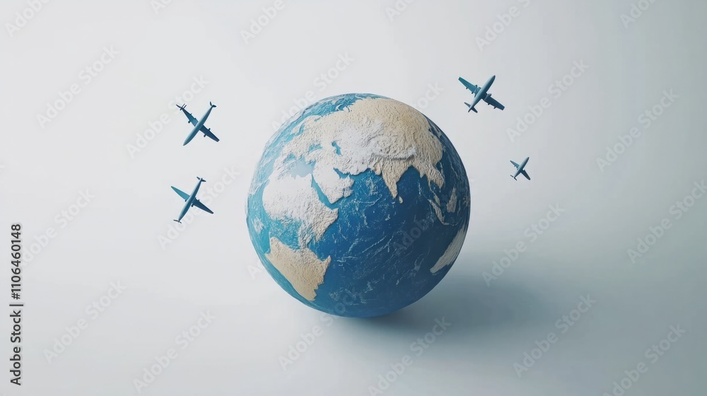 Animated 3D Earth globe with tiny airplanes and boats around it, symbolizing travel, on white Animated 3D Earth globe with tiny airplanes and boats around it, symbolizing travel, on white