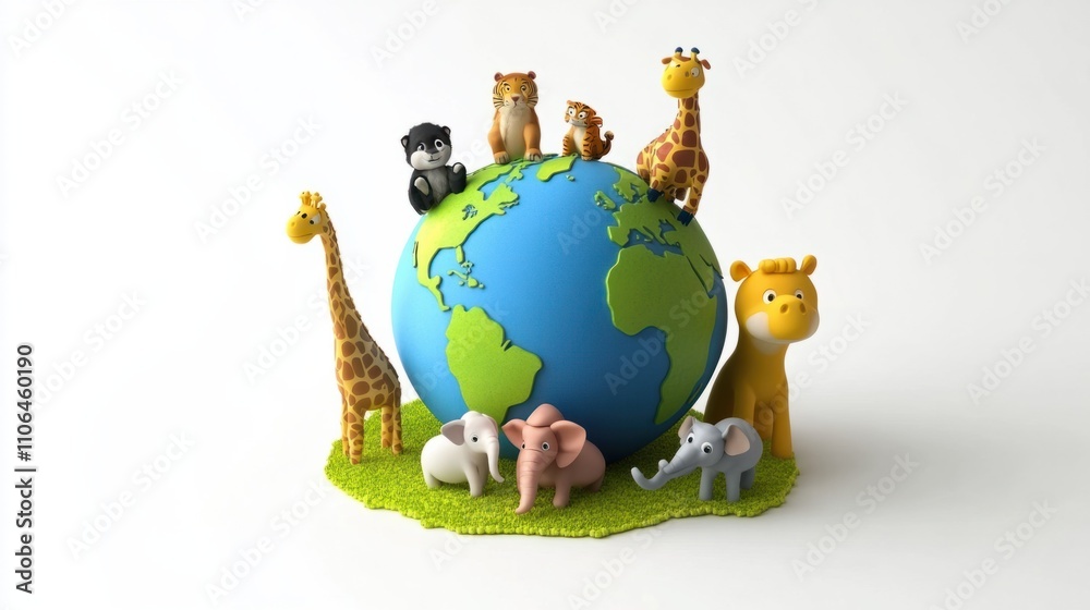 Bright 3D Earth globe with cartoon-style animals around it, celebrating biodiversity, isolated on white