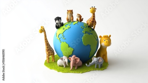 Obraz na płótnie Bright 3D Earth globe with cartoon-style animals around it, celebrating biodiversity, isolated on white w salonie