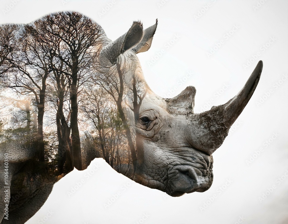 Fototapeta premium A double exposure image where a withered forest and the profile of a rhinoceros