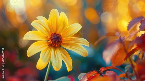 Vibrant yellow flower in lovely autumn garden photo