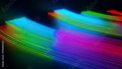 This animation features colorful vertical lines moving fluidly on a black background, symbolizing the transfer of data in an abstract digital environment. 