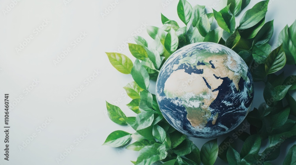 Friendly 3D Earth globe surrounded by green leaves, promoting eco-friendliness on a white background Friendly 3D Earth globe surrounded by green leaves, promoting eco-friendliness on a white background