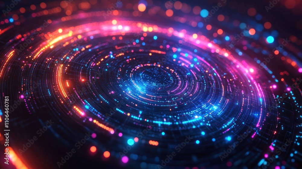 Obraz premium Abstract glowing circular light trails on dark background.