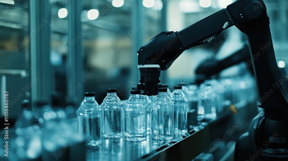 Robotic Arm Assembling Bottles on a Conveyor Belt in a Factory