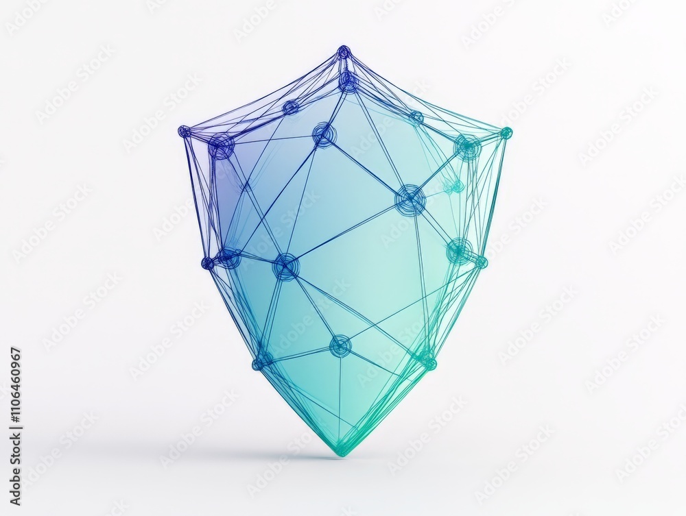 Transparent geometric shield with a glowing blue mesh, symbolizing futuristic data encryption, network security, and innovative digital protection Transparent geometric shield with a glowing blue mesh, symbolizing futuristic data encryption, network security, and innovative digital protection
