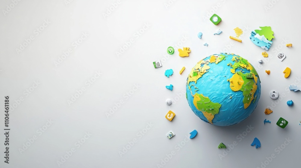 Vibrant 3D cartoon Earth globe with eco-friendly symbols around it, on a white background Vibrant 3D cartoon Earth globe with eco-friendly symbols around it, on a white background