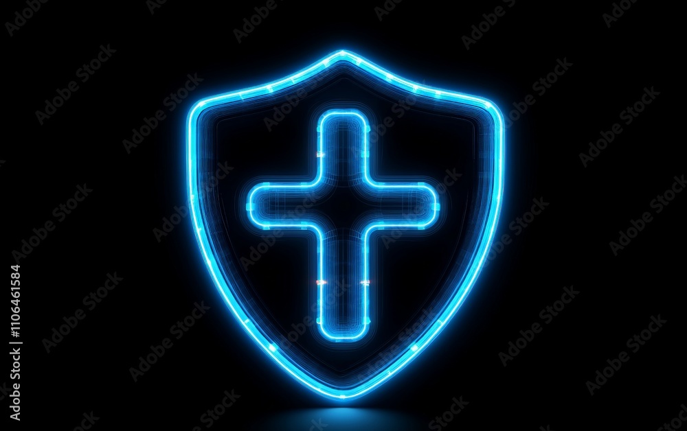 Obraz premium Glowing blue neon shield with a cross symbol representing advanced medical security, healthcare technology, cyber health protection, and innovative IT solutions in a sleek and modern style