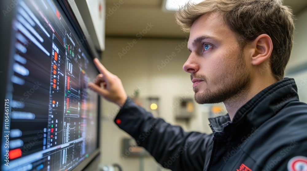 An engineer operator controller working with data base from Scada system technology on computer screen. An engineer operator controller working with data base from Scada system technology on computer screen.