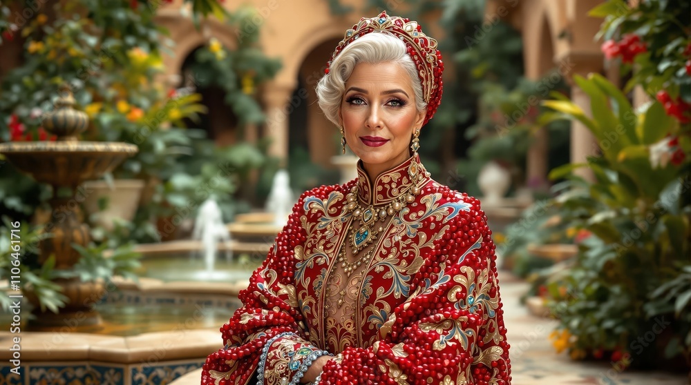 Elegant woman in traditional embroidery gown in lush garden courtyard Elegant woman in traditional embroidery gown in lush garden courtyard