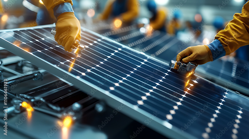Innovative scientists working on solar panels in modern facility, showcasing teamwork and advanced technology. Their focus on renewable energy highlights importance of sustainability Innovative scientists working on solar panels in modern facility, showcasing teamwork and advanced technology. Their focus on renewable energy highlights importance of sustainability