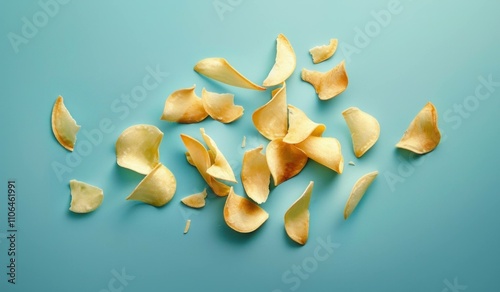 Colorful potato chips scattered on a turquoise background, creating a playful and vibrant snack composition. Ideal for food and culinary concepts. photo