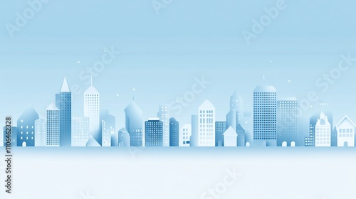 Stylized cityscape panorama in cool blue tones.