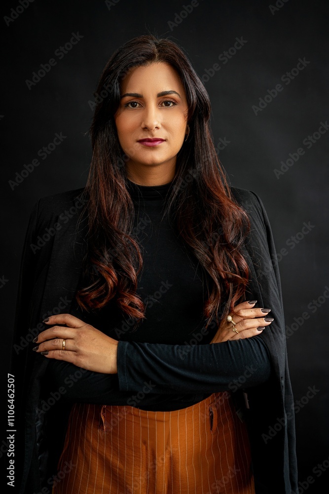 Confident woman in black top and striped pants Confident woman in black top and striped pants