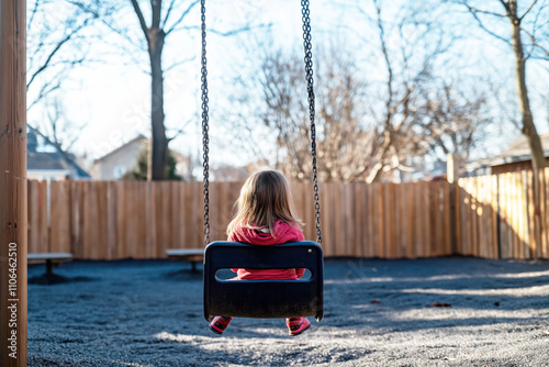 A little girl in a red jacket sitting on a swing in an empty playground with a wooden fence in the background photo