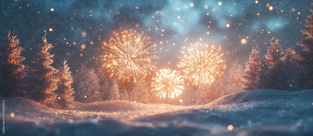 Festive fireworks display over a snowy forest. Festive fireworks display over a snowy forest.