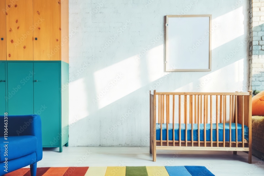 Naklejka premium Modern nursery with wooden crib, colorful furniture, and vibrant natural lighting in a loft-style interior