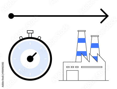Stopwatch, factory with smokestacks, and a right arrow representing efficiency, time management, and industrial productivity. Ideal for innovation, manufacturing, process optimization, productivity