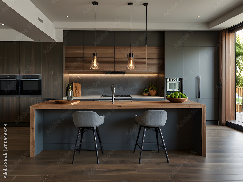 Modern Kitchen with Wooden Island and Gray Cabinets Modern Kitchen with Wooden Island and Gray Cabinets