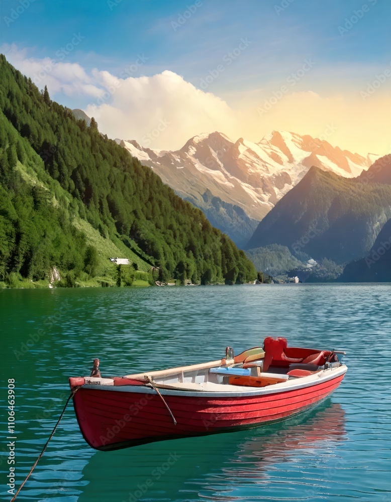 photorealistic red and white two small boats connected with rope on top of water, swiss photorealistic red and white two small boats connected with rope on top of water, swiss