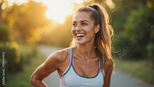 Confident Woman Radiates Health and Fitness: Inspiring Stock Photo for Wellness Campaigns and Gym Promotions