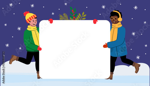 Two children holding a blank sign in a winter wonderland setting with snowflakes