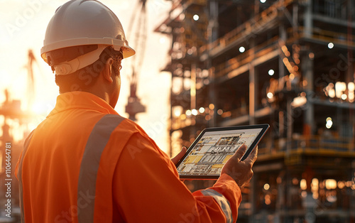 Wallpaper Mural construction manager in orange safety jacket uses tablet to review project plans at construction site during sunset Torontodigital.ca