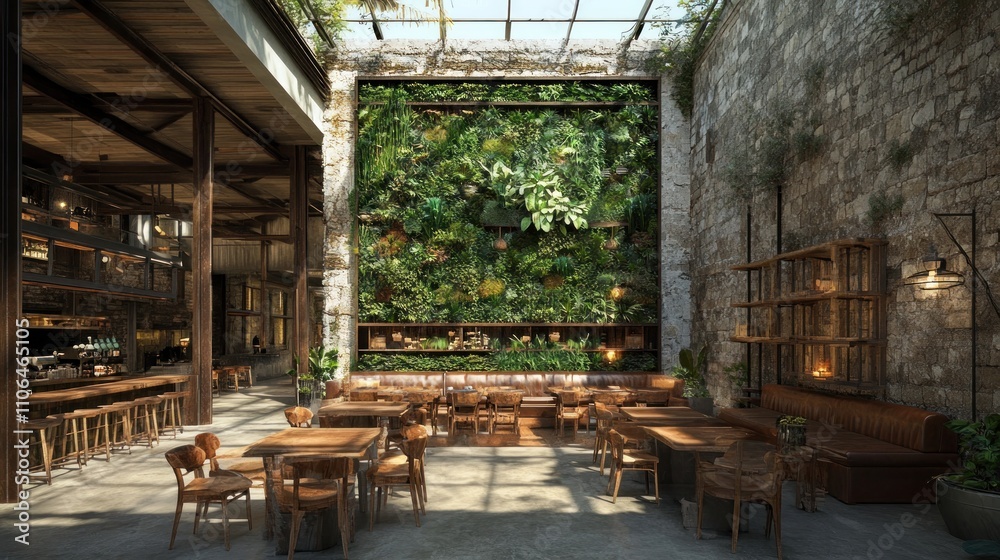 Sunlit industrial restaurant interior with a large vertical garden. Sunlit industrial restaurant interior with a large vertical garden.