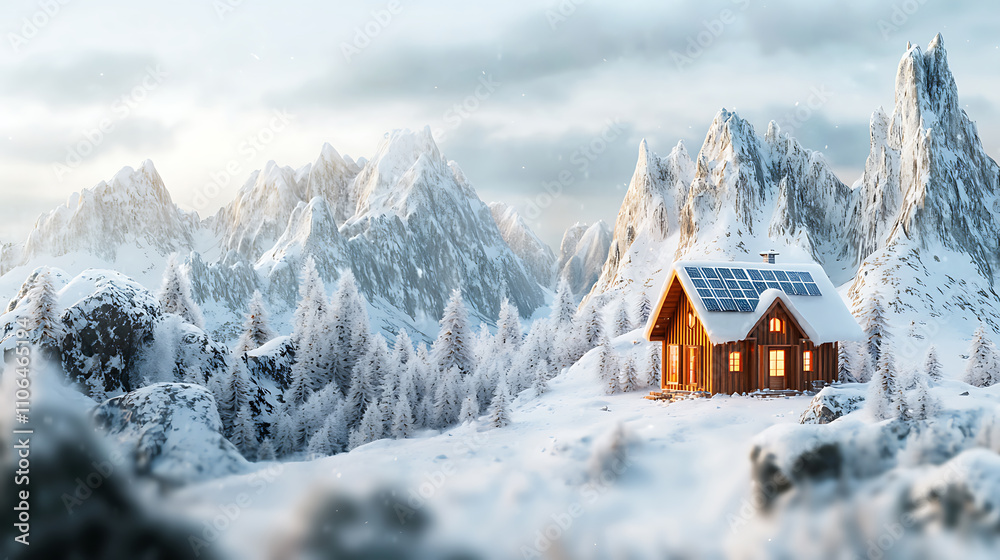 cozy cabin in snowy mountain landscape, surrounded by tall trees and majestic peaks, offers serene escape into nature beauty. solar panels on roof highlight sustainability cozy cabin in snowy mountain landscape, surrounded by tall trees and majestic peaks, offers serene escape into nature beauty. solar panels on roof highlight sustainability