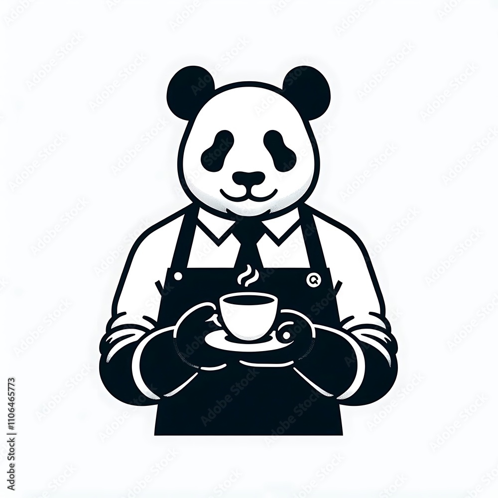 Panda character serving coffee in a barista outfit. Panda character serving coffee in a barista outfit.