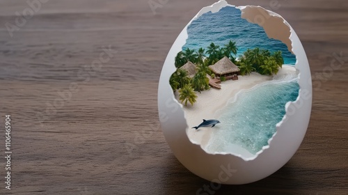 A surreal view captures a miniature island paradise inside an opened eggshell, featuring palm trees, a beach, dolphins, and a cozy house photo