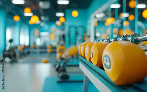 Modern Gym Interior with Bright Yellow Dumbbells photo