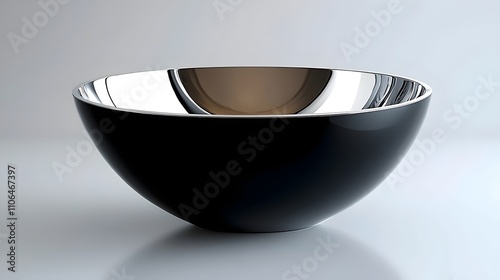 A shiny silver bowl with a black rim sits on a white background