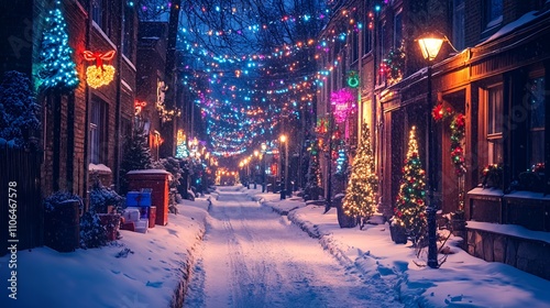 A snowy street adorned with colorful lights and festive decorations for the holiday season.