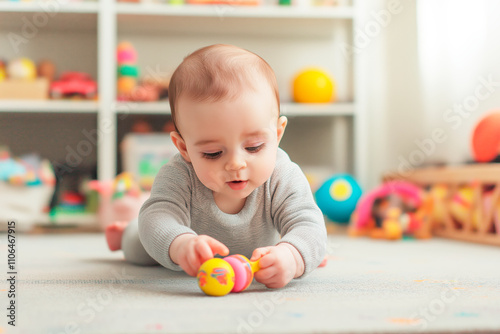 Baby playing on the floor with toys in a nursery surrounded by colorful objects, enjoying a cheerful moment