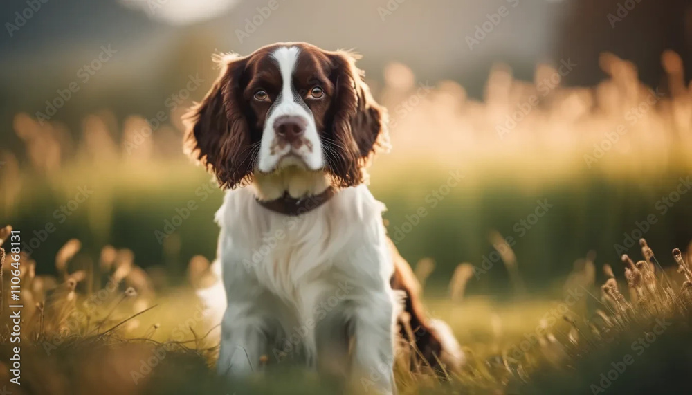 White and brown English springer spaniel in the meadow. White and brown English springer spaniel in the meadow.