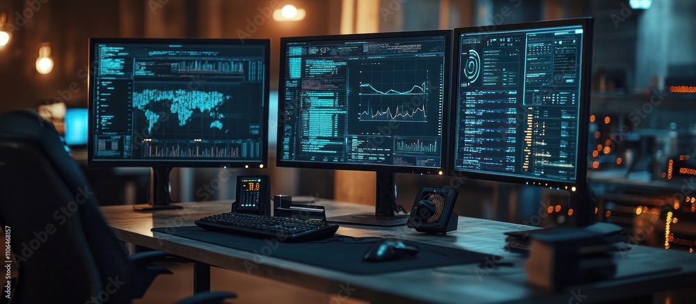 Three computer monitors displaying data and graphs in a dark office. Three computer monitors displaying data and graphs in a dark office.