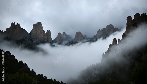 Mystic clouds swirling between towering peaks, explore natural beauty.