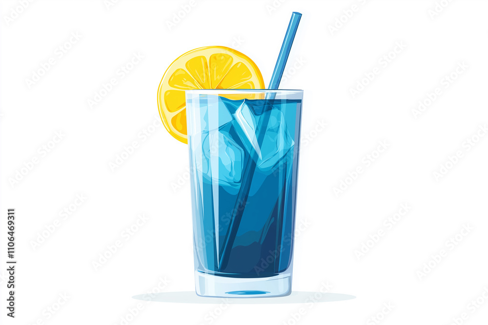 Blue lagoon cocktail in tall glass with lemon slice and straw, isolated on white background Blue lagoon cocktail in tall glass with lemon slice and straw, isolated on white background