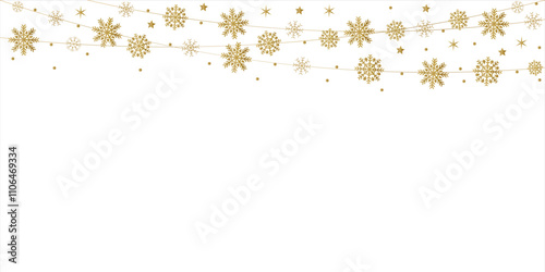 Gold Merry Christmas and new year festive design with border made of beautiful snowflakes. winter falling snow. 
