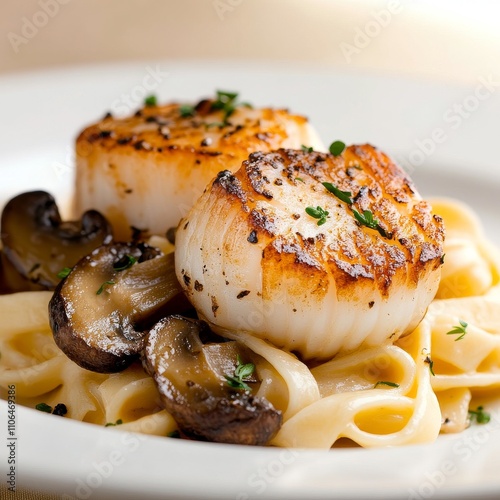 Grilled scallops and fettuccine pasta gourmet kitchen food photography warm lighting culinary art