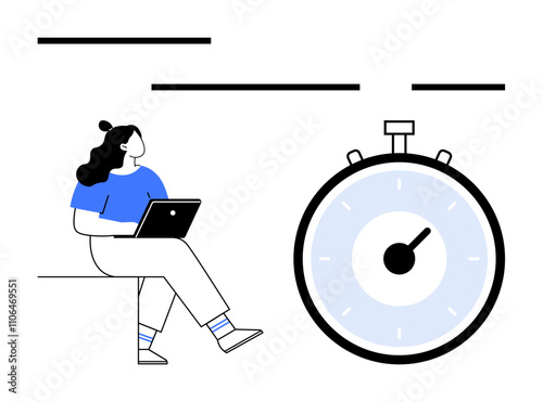 Woman sitting with laptop large stopwatch black and blue lines. Ideal for time management, productivity, focus, deadlines, efficiency, planning, organization. Line metaphor
