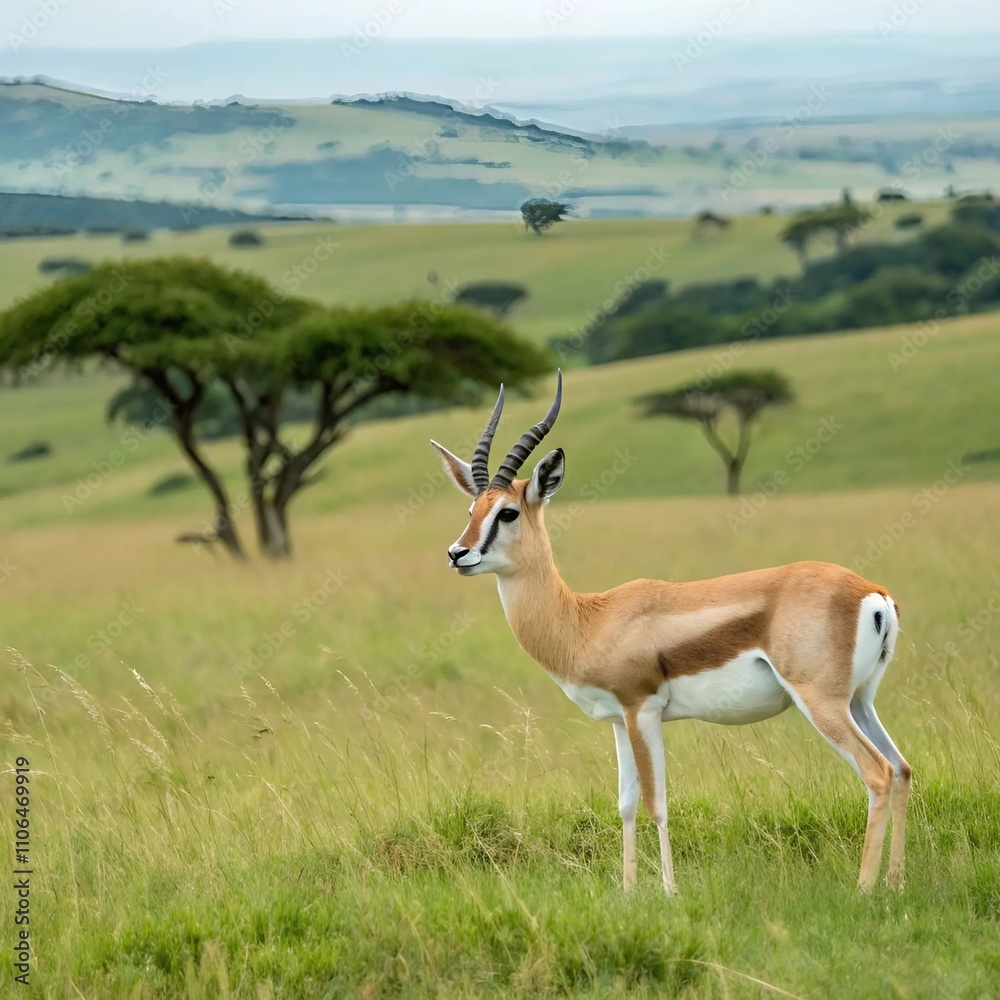 A gazelle is positioned in the middle of a vibrant field, showcasing its elegance against the natural landscape. A gazelle is positioned in the middle of a vibrant field, showcasing its elegance against the natural landscape.
