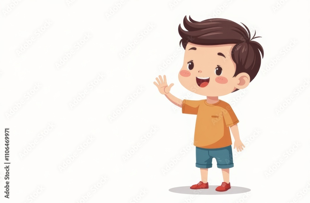 A young boy with short brown hair smiles while waving his hand in greeting. He wears a casual orange shirt and blue shorts, displaying a joyful expression in a simple background. Copy space A young boy with short brown hair smiles while waving his hand in greeting. He wears a casual orange shirt and blue shorts, displaying a joyful expression in a simple background. Copy space