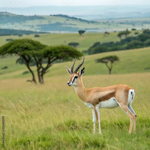 A gazelle is positioned in the middle of a vibrant field, showcasing its elegance against the natural landscape.