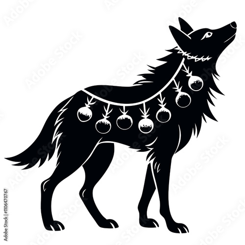 Festive Wolf Silhouette Vector : A majestic wolf, adorned with a garland of Christmas ornaments, stands tall against a clean background.