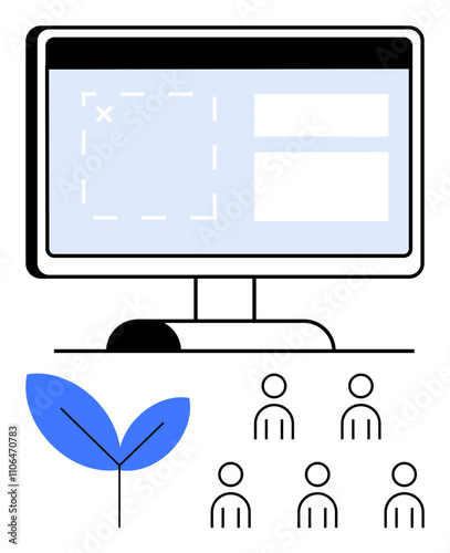 Computer monitor, six people icons, and a blue leaf represent digital collaboration, team communication, and eco-friendly practices. Ideal for remote work, sustainability, teamwork, technology