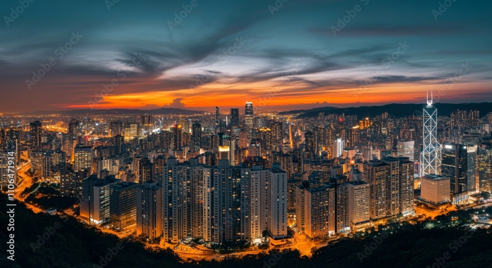 Obraz premium Aerial view of a cityscape with lights glowing at twilight